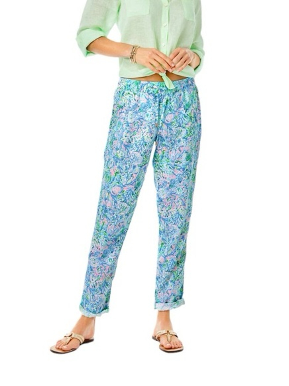 Lilly Pulitzer Taron Mid-Rise 100% Linen Pants - Medium in Blue Green Seashell